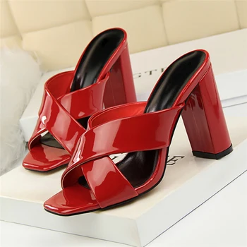 

2019 Novelty Summer Women Purple Nude Square Toe Slides 9.5cm Thick High Heels Comfortable Elegant Woman Slippers Party Shoes