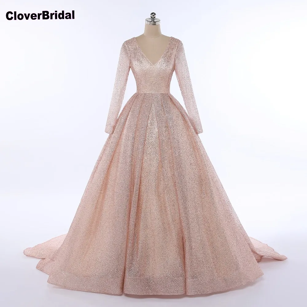 CloverBridal Высокое качество Новые мода Bling с длинным рукавом золотое свадебное платье сексуальный глубокий V образным вырезом со шлейфом