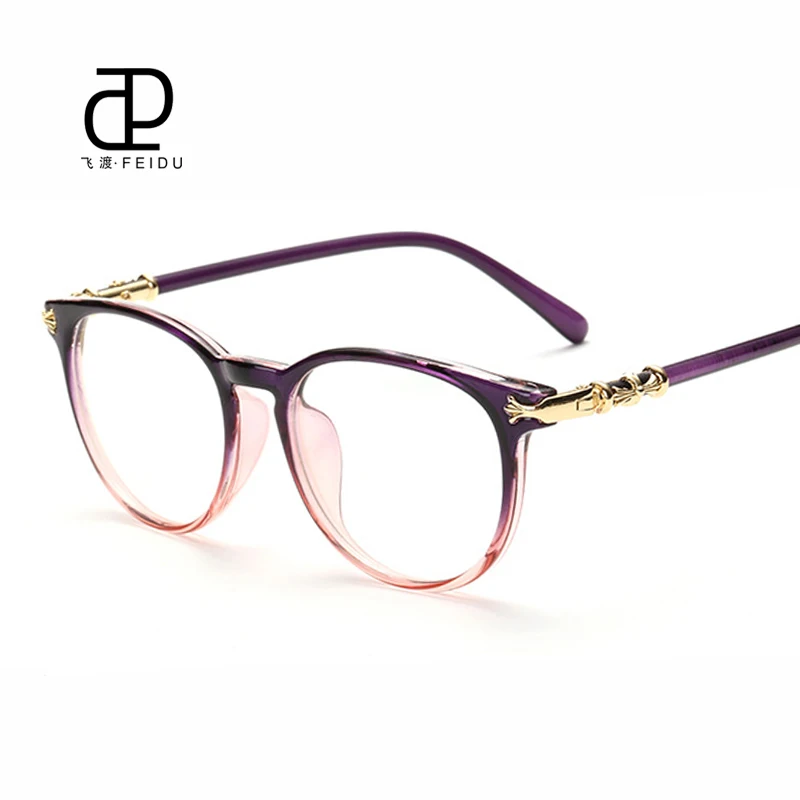 FEIDU Новая мода кошачий глаз солнцезащитные очки оправа для женщин Ретро брендовый дизайн прозрачные линзы очки оправа для мужчин очки с чехлом - Цвет линз: Purple Red