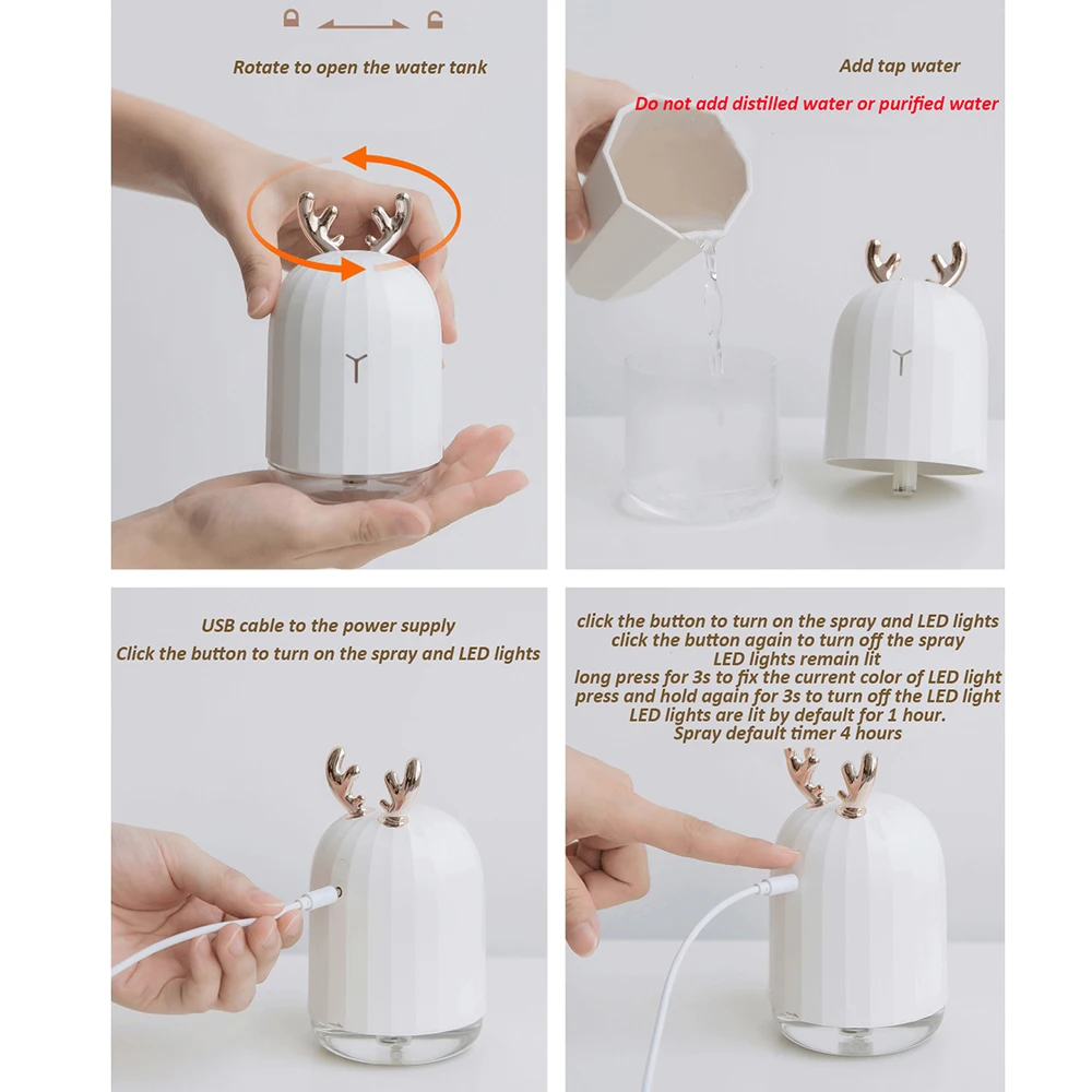  White Deer air Humidifier Ultrasonic Aromatherapy Diffuser with Colorful LED Night Light Mini USB E