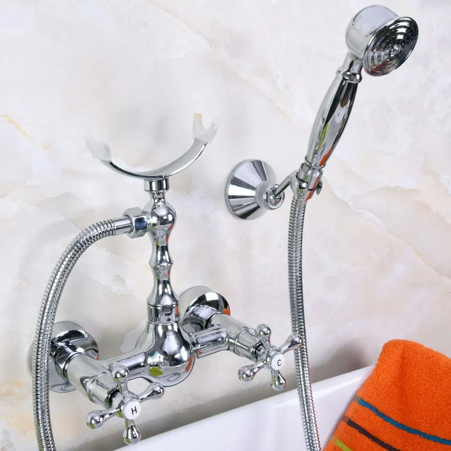 

Modern Wall Mount Polished Chrome Brass Bathroom Clawfoot Hand Shower Faucet Mixer Tap Set Telephone Shape Hand Spray ana252