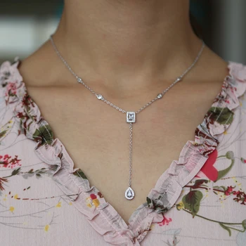 

Fashion European wedding engagement long necklace for women Y lariat design square water drop charm cz station necklaces