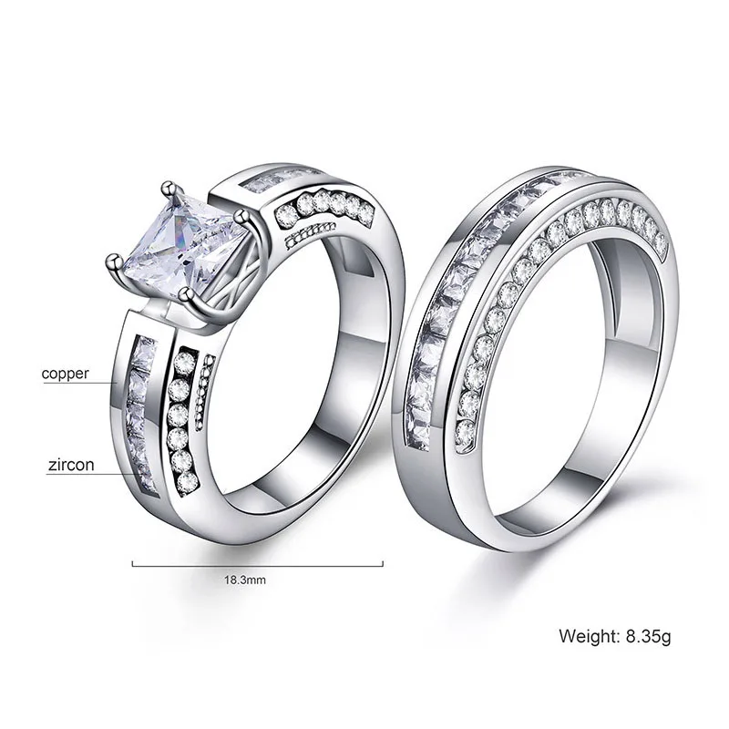 Fashion Wedding Ring For Lovers SILVER Color Crystal CZ Couple Rings Set Men Women Engagement White Violet Color Accessories R10