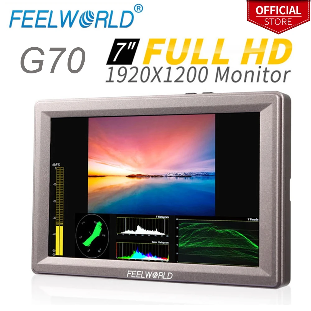 

Feelworld 7 Inch Aluminum Design IPS 1920x1200 Full HD HDMI 3G-SDI On-camera Monitor with Waveform Vector Scope Histogram G70