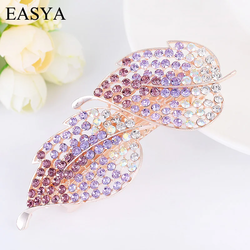 

EASYA High Quality Full Crystal Leaf Hairpin Hairwear Jewelry Gold Tone Metal Rhinestone Leaves Hair Clip Barrettes