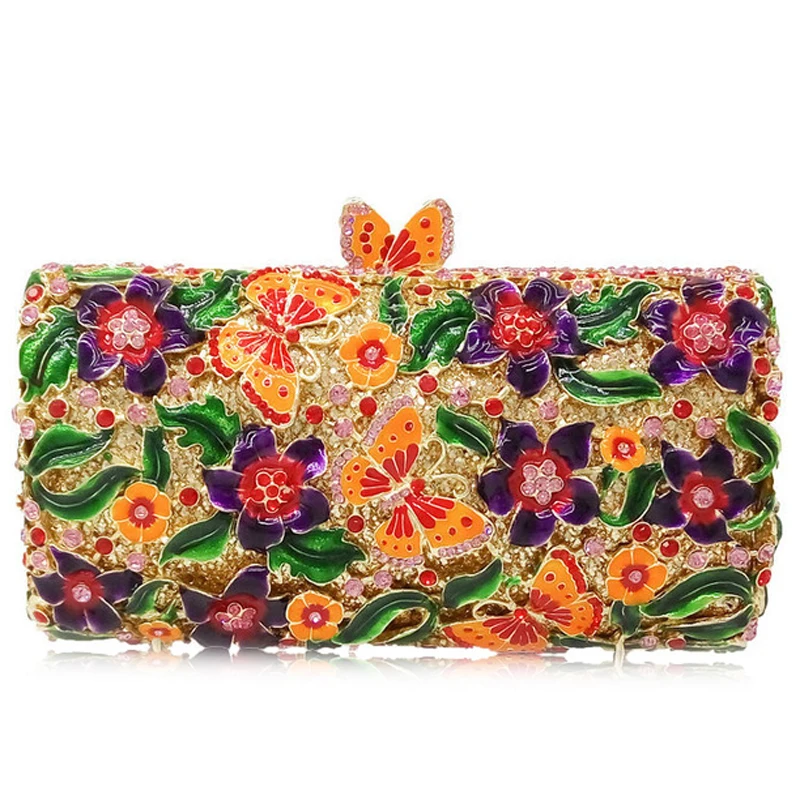 Purple Floral Crystal Women Clutch Bag Fashion Blue Butterfly Evening Clutches Purse Ladies Green Leaves Handbags Female Clutch 5