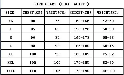 size chart for adult life jaclet