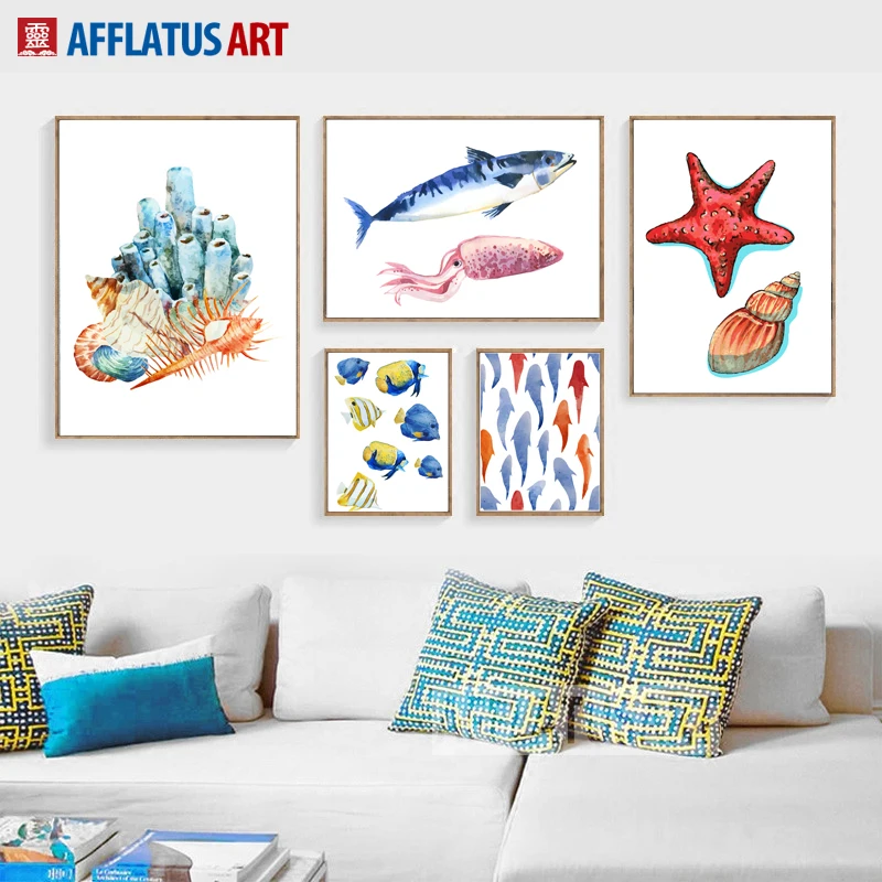 

AFFLATUS Coral Starfish Fish Wall Art Posters And Prints Watercolor Canvas Painting Nordic Poster Wall Pictures For Living Room