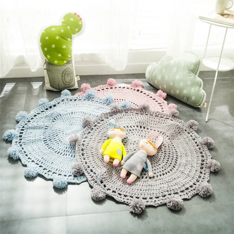 

iDouillet Round Pom Pom Area Play Mat Nursery Crochet Rug Kids Toddler Room Mat Carpet Baby Crawling Rugs 80x80cm Pink Grey