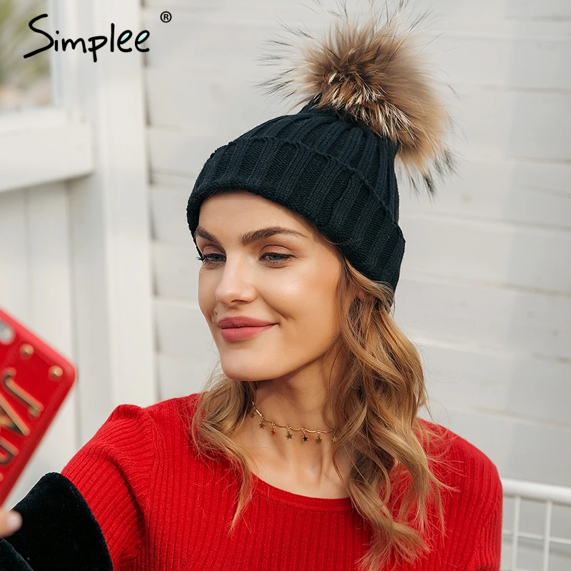 

Simplee Removable fur pompon Bobble hats for women skullies beanies Warm stocking hat 2018 autumn cap winter hat female