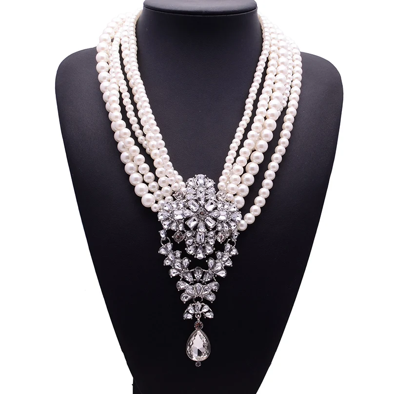 Image 2015 New Fashion XG233 Luxury Necklaces   Pendants Long Pearls Beads Chain Choker Crystal Statement Necklace Droplets Jewelry