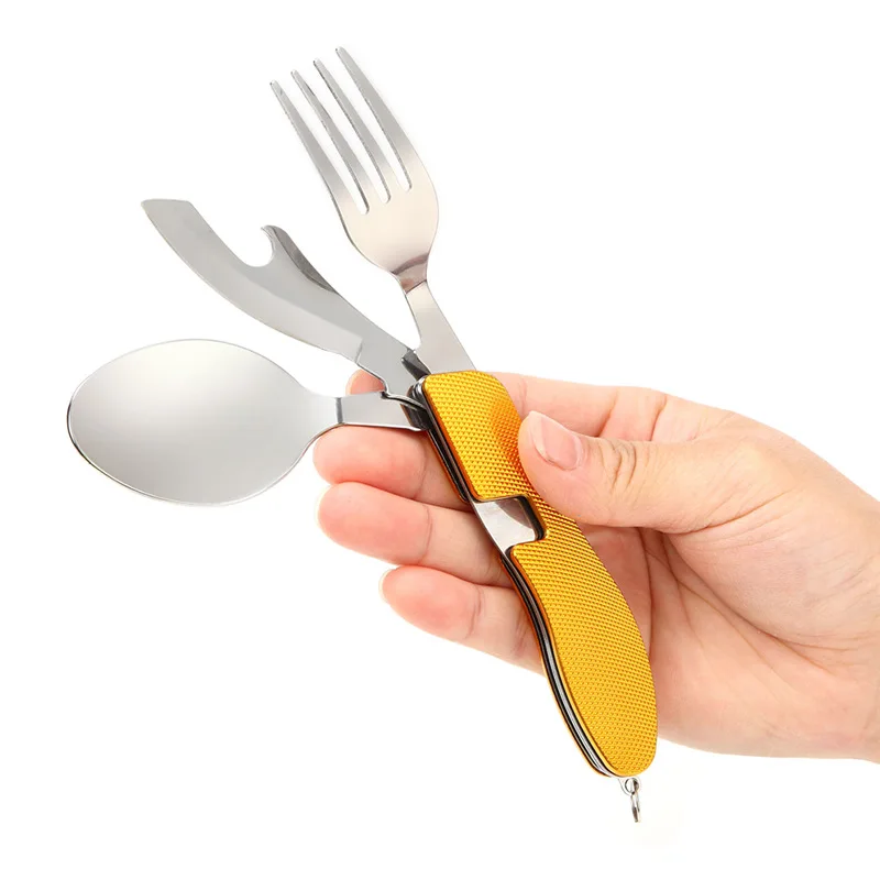 4 en 1 tenedor exterior/cuchara/cuchillo/abrebotellas de Camping de acero inoxidable plegable Kits de bolsillo para supervivencia de senderismo vajilla de viaje