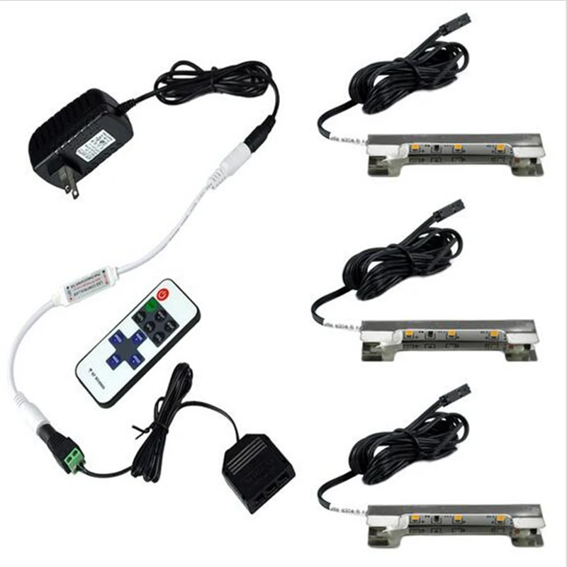 

LED Under Cabinet Lights for Glass Edge Shelf Back Side Clip Clamp Strip Lighting 3 Lamps Kit with RF Remote Control and Adapter
