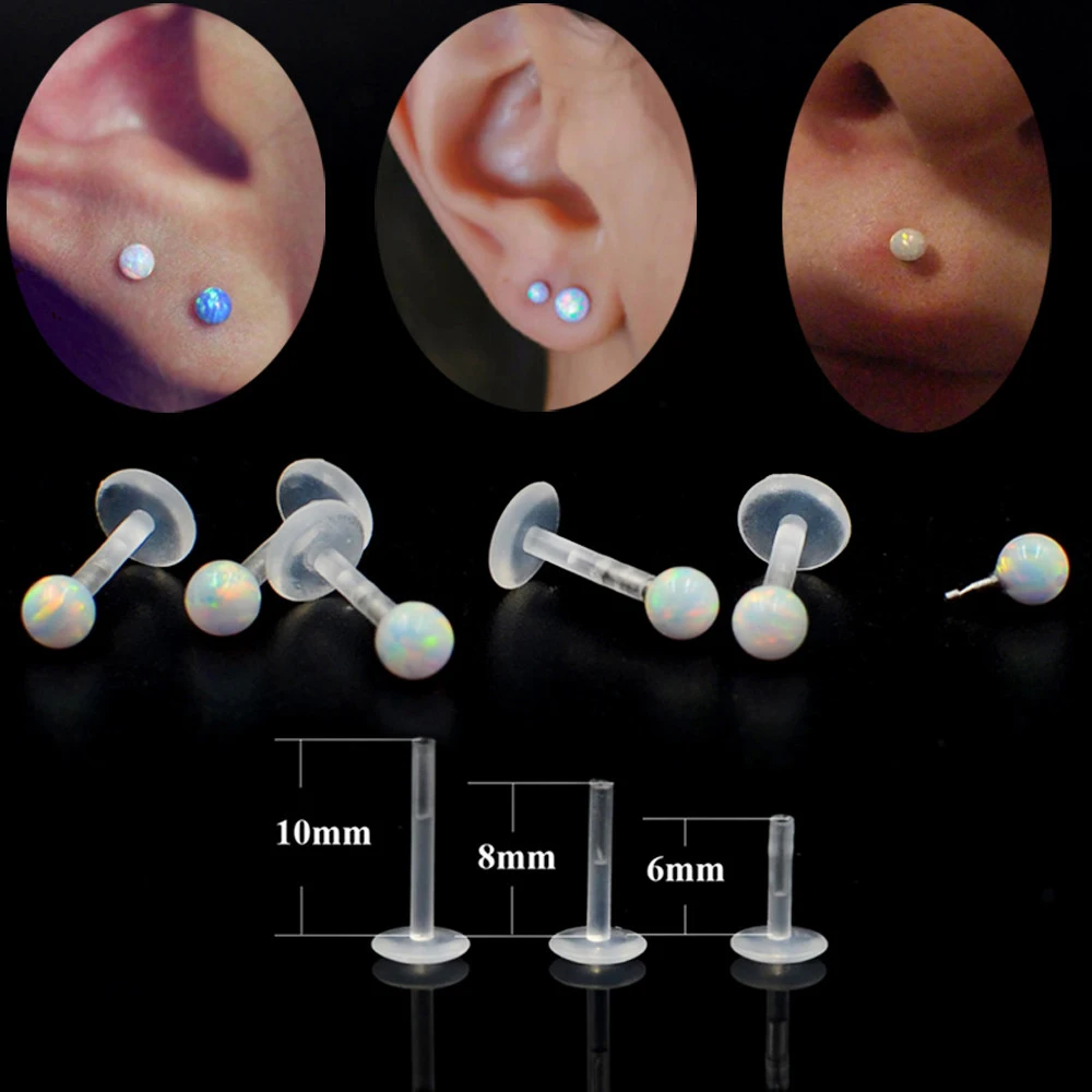 

Opal Flexible Bioplast Press Fit Labret Ring Surgical Steel PTFE Ear Tragus Cartilage Earring Lip Ring Piercing Body Jewelry 16G
