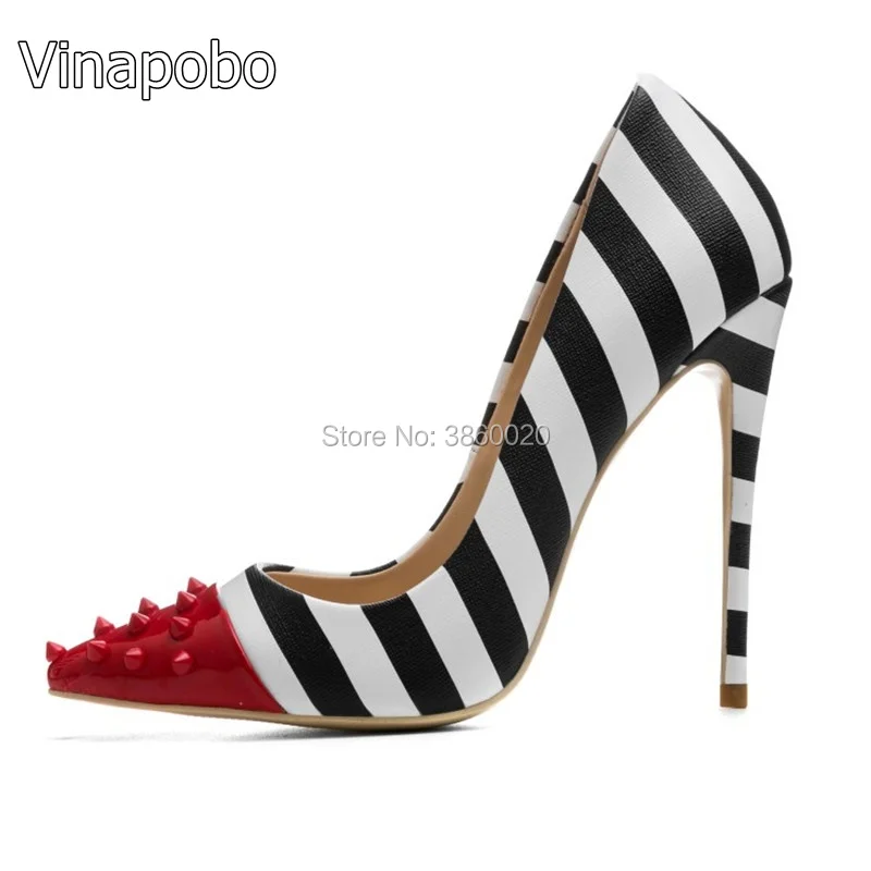 

2018 Zebra Stripes High Heel Shoes Woman Rivet Pointed Toe Patent Leather Patchwork 12CM Heeled Pumps Women Fashion Party Shoes