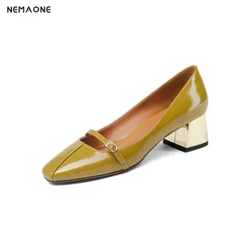 

NEMAONE Brand Genuine Leather Lady Pumps Buckle Strap Comfortable Thick High Heel Shoe Retro Round Toe Handmade Party Shoe