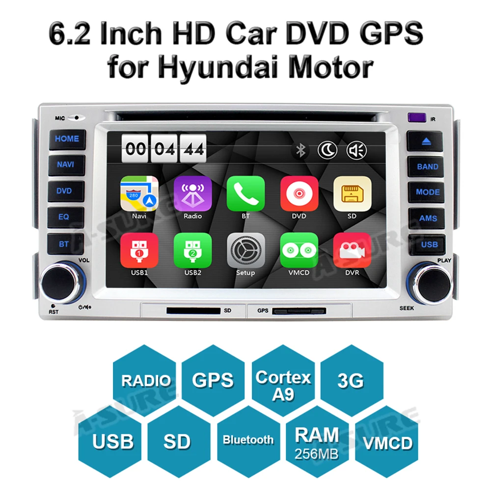 Perfect A-Sure 6.2 Inch 2 Din Car Auto Radio GPS DVD Player Stereo Navigation For HYUNDAI SANTA FE ELANTRA 16G ROM DVR Bluetooth 2
