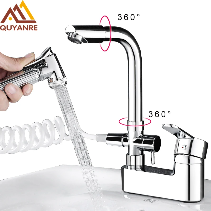

Quyanre Basin Faucet Swivel Chrome Basin Faucets With Pull out Sprayer Handshower Mixer Tap Bathroom Functional Sink Faucet
