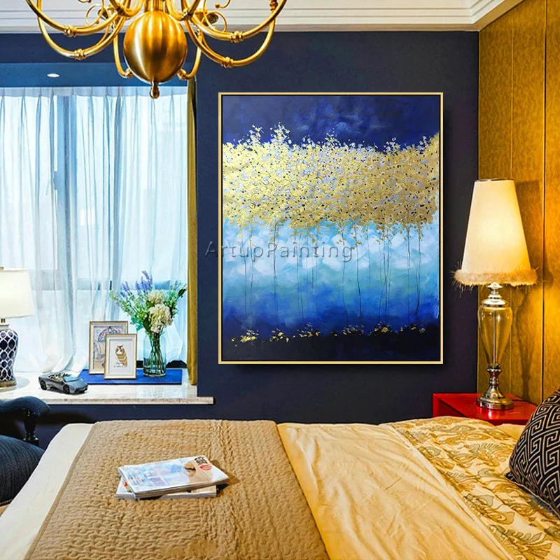 Скандинавская Картина на холсте quadro Золотая синяя Картина Ручная роспись абстрактные цветы живопись настенные художественные картины для декора гостиной