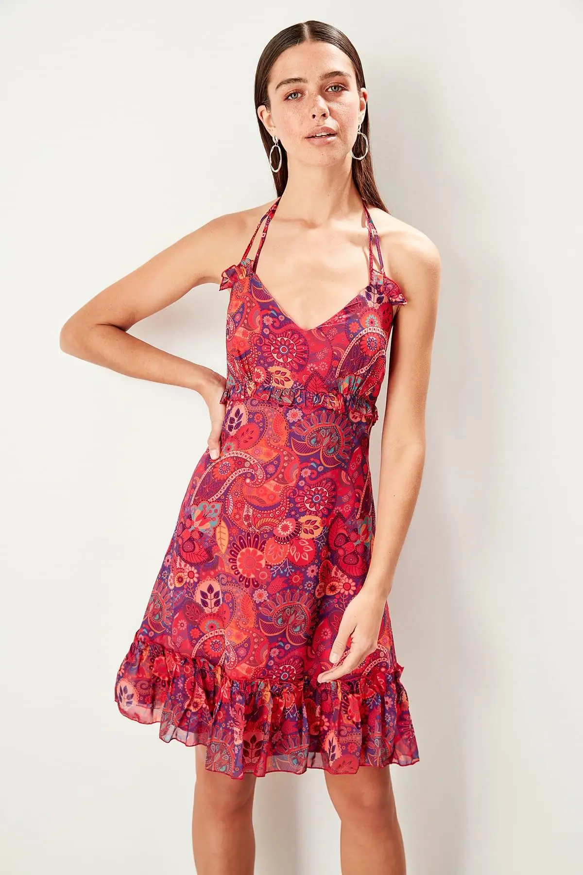 Trendyol фуксия Узорчатое платье TWOSS19EH0138 | Женская одежда