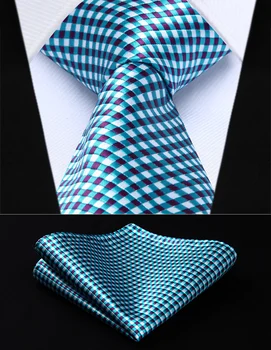

TC608Q8S Aqua White Check 3.4" Silk Woven Men Tie Necktie Handkerchief Set Party Wedding Classic Pocket Square Tie