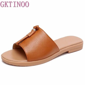 

GKTINOO 2019 New Summer Beach Slipper Flip Flops Shoes Women Genuine Leather Casual Slides Shoes Flat with Plus Size 35-43