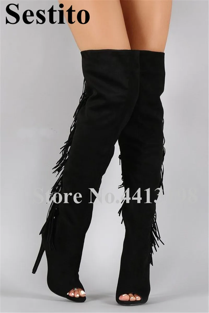 

2019 Fashion Solid Fringe Long Over-the-Knee Women Boots Spring/ Autumn Flock Peep Toe Super High Thin Heels Zipper Women Shoes