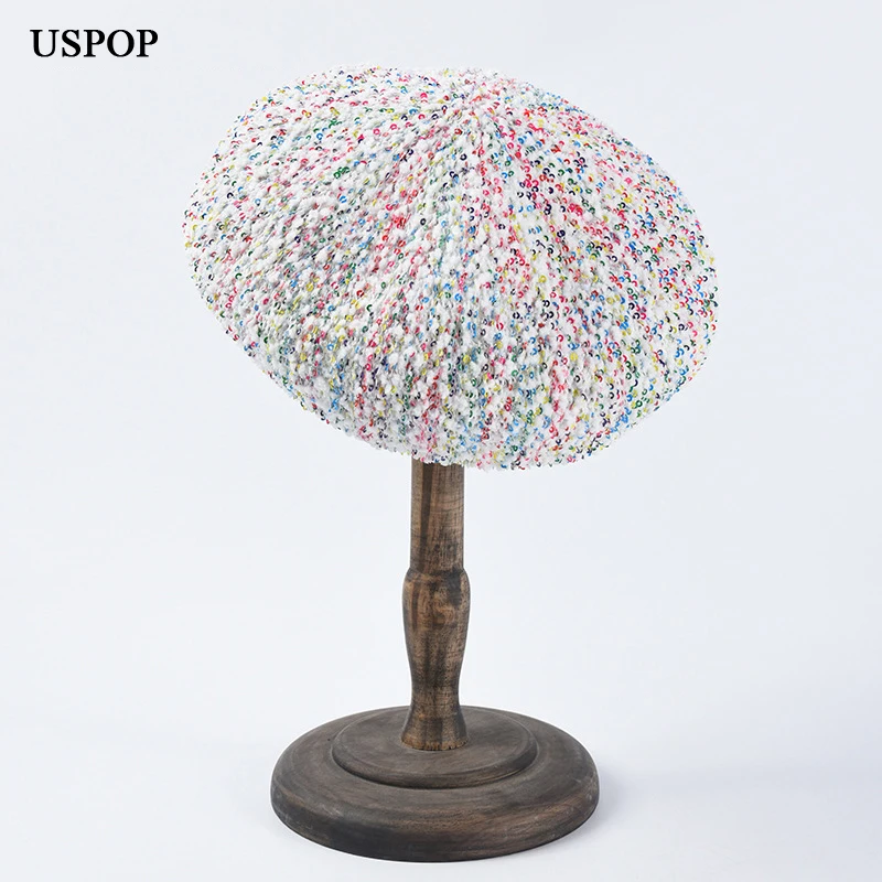

USPOP 2019 New Spring Autumn hats fashion berets for women adjustable mixed color sequins berets hat