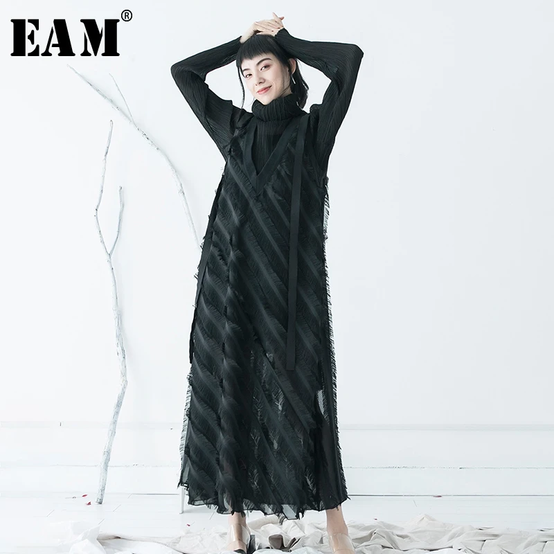 [EAM] Новое весенне-летнее платье с v-образным вырезом без рукавов, черное платье с кисточками, свободное платье, модное женское платье JW811