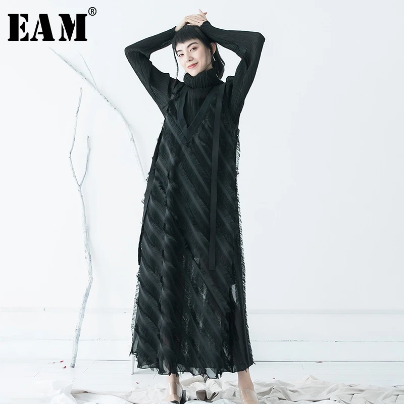 

[EAM] 2019 New Spring Summer V-Neck Sleeveless Black Tassels Split Joint Loose Temperament Dress Women Fashion Tide JW811