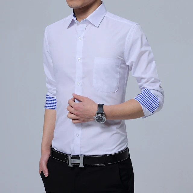 Work Office Men Shirt Solid Color Long Sleeve Shirts For Men 2017 Plaid Collar Slim Fit Business