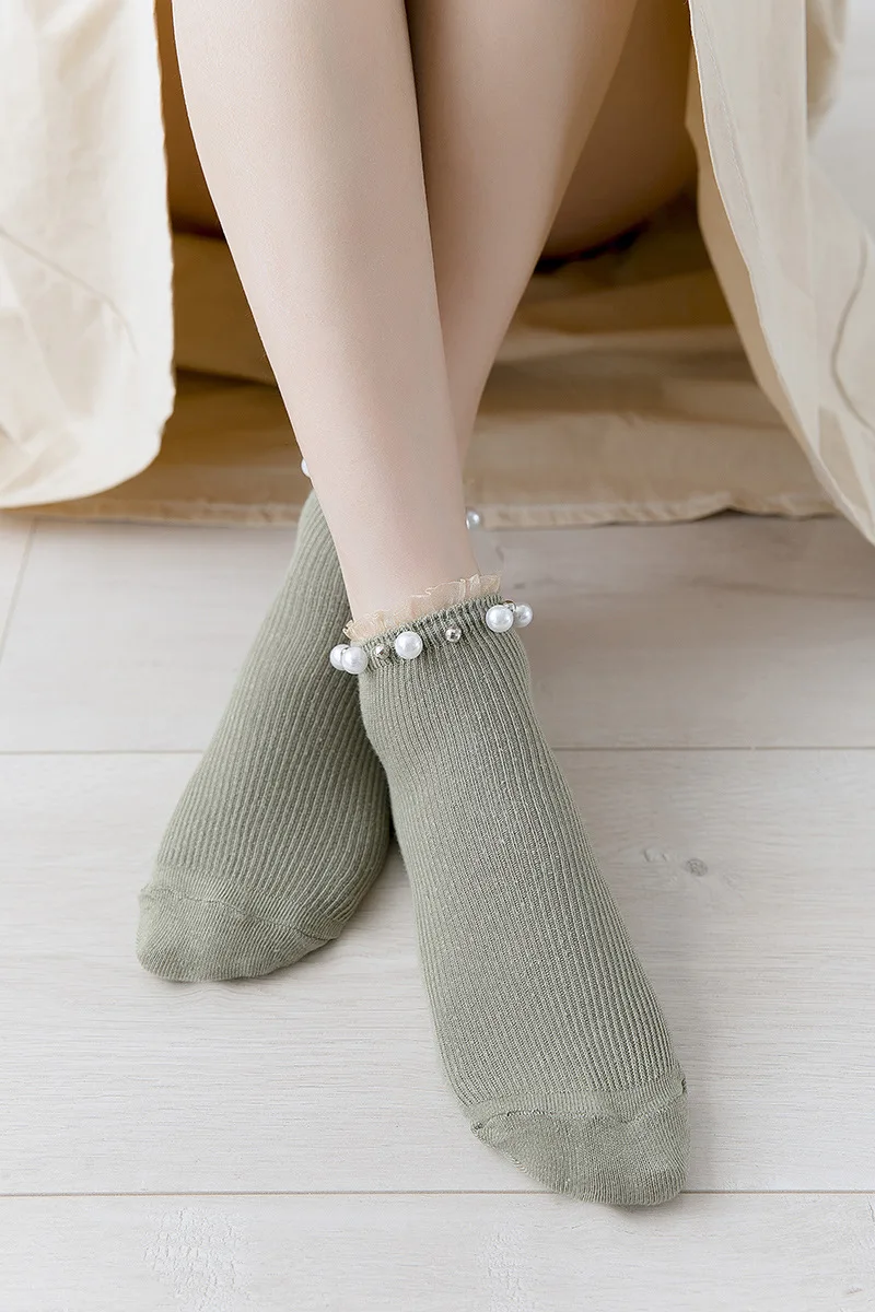 Women Fashion Socks 2022 New Lace Pearl Solid Color Breathable Ankle Socks Cotton Fashion Cute Woman Funny Socks Носки fluffy socks