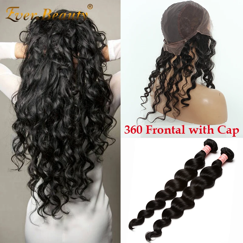 Pre Plucked 360 Lace Frontal Closure with Bundles Peruvian Virgin Hair Loose Wave 360 Lace Frontal with Wig Cap add 2 Bundles 