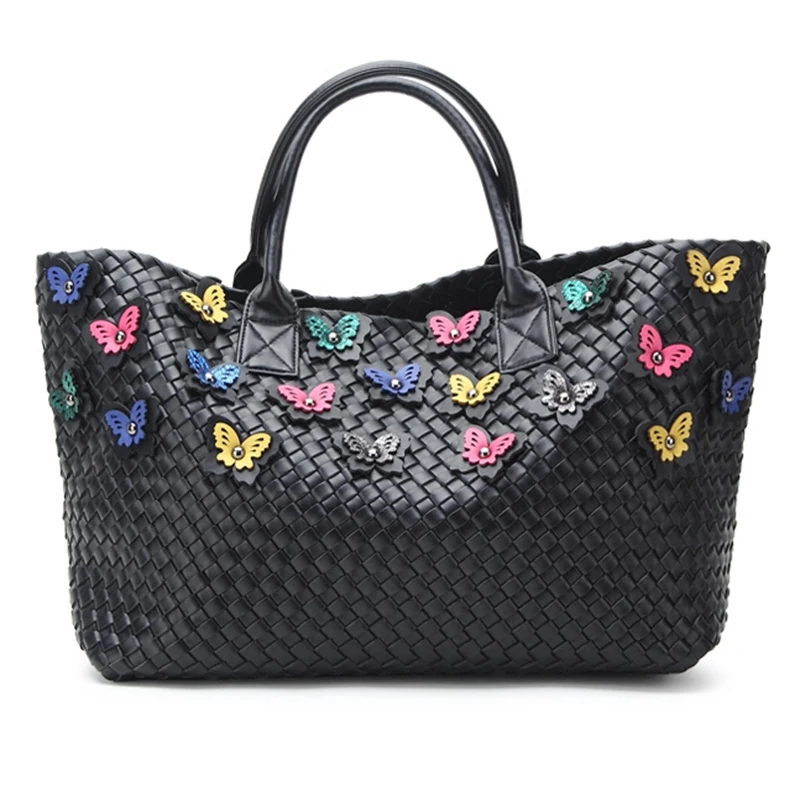 

2017 Women Ladies Large Butterfly FLOWER Knitting Handbags PU Leather Designer Shopper Shoulder Bags Casual Tote Composite Bag
