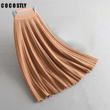 Винтажный элегантный зимний женский свитер юбка эластичная высокая талия плиссированная миди вязаная юбка женская однотонная Плотная юбка