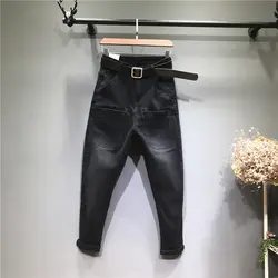 2019 черные джинсы с высокой талией Модные женские полной длины отбеленные мыть кнопка муха брюки без карманов Винтаж штаны с крестиками для