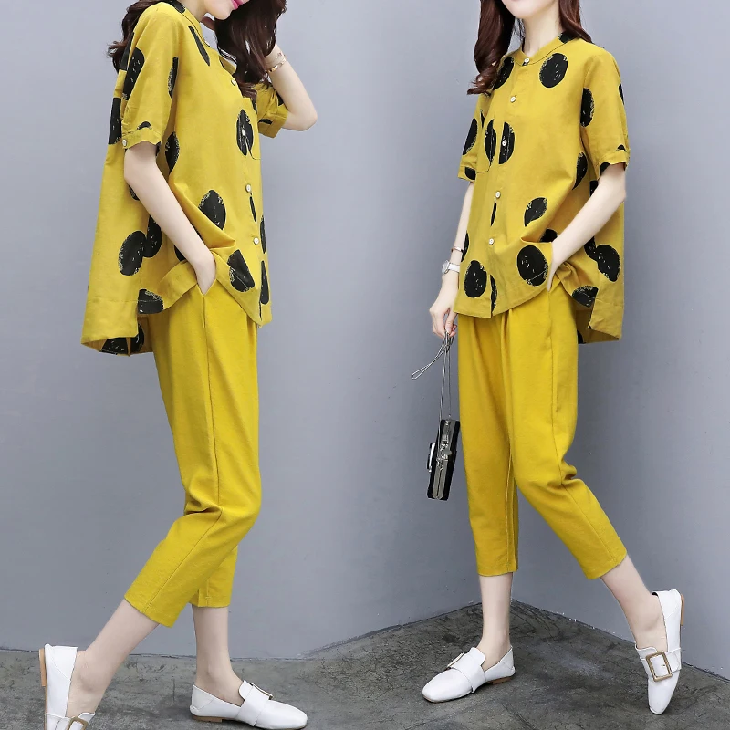 

Yellow two pieces summer set 2018 summer womens outfits pant suits ladies plus size polka dot tops linen tracksuit clothing