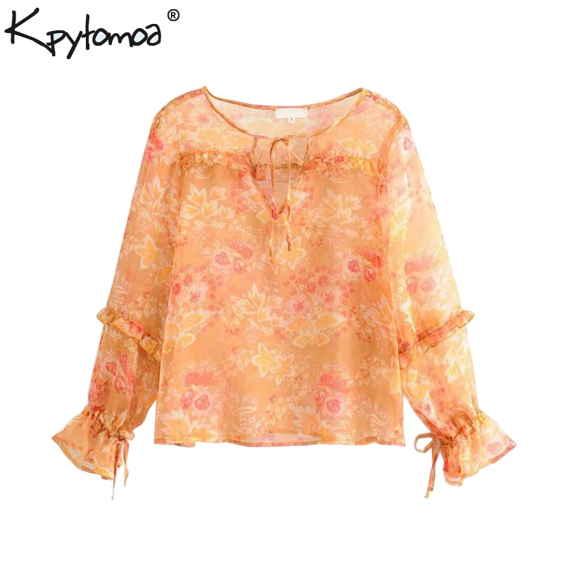 

Vintage Stylish Floral Print Ruffled Tops Women Blouses 2019 Fashion Bow Tie Sleeves See Through Shirts Casual Blusas Mujer