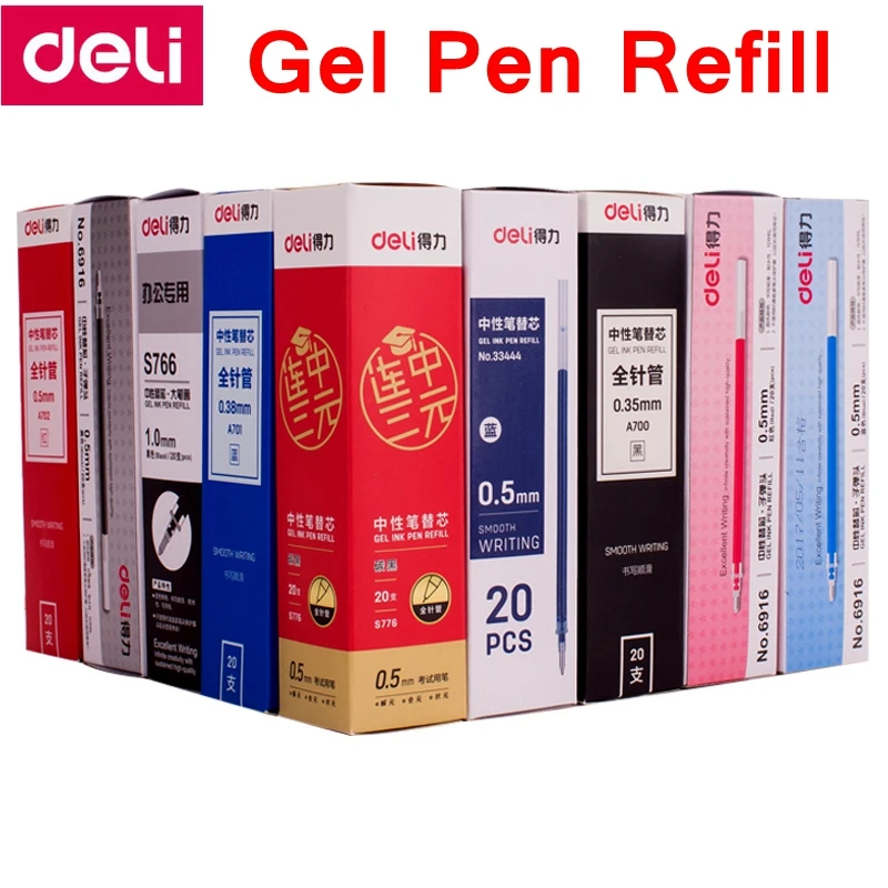 델리 A702 0.5mm 젤 펜 리필, 길이 129mm 전체 바늘 검정 파랑 빨강 3 색 옵션 교체 펜 리필, 20 개/상자