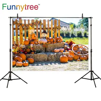 

Funnytree photophone photo backdrops pumpkin patch dolls wooden wheel rural fence banner outdoor background for photo shoots