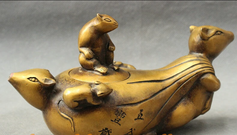 

7" Folk Chinese Bronze Wealth 5 Mouse Head Statue Money Bag Wine Pot Teapot discount 30%