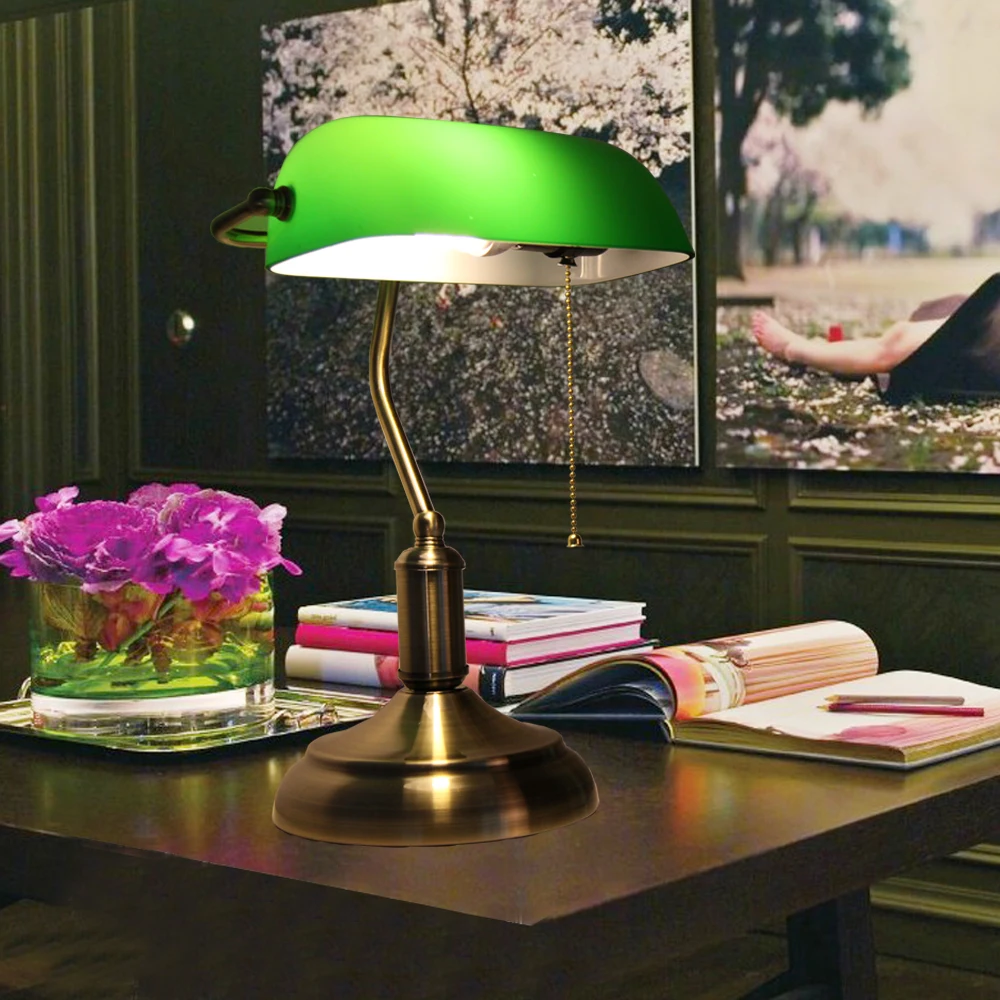 Green Retro table lamps with pull chain switch Glass lampshade alloy