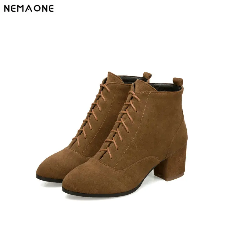 

NEMAONE Women casual shoes 6cm high heels ankle boots lace up ladies dress boots black gray brown large size 42 43