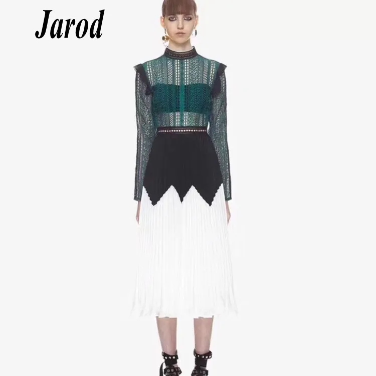 

Self Portrait Dress 2018 Autumn Green Patchwork White Chiffon Pleated Dress Long Sleeve See Through Hollow Out Lace Women Dress
