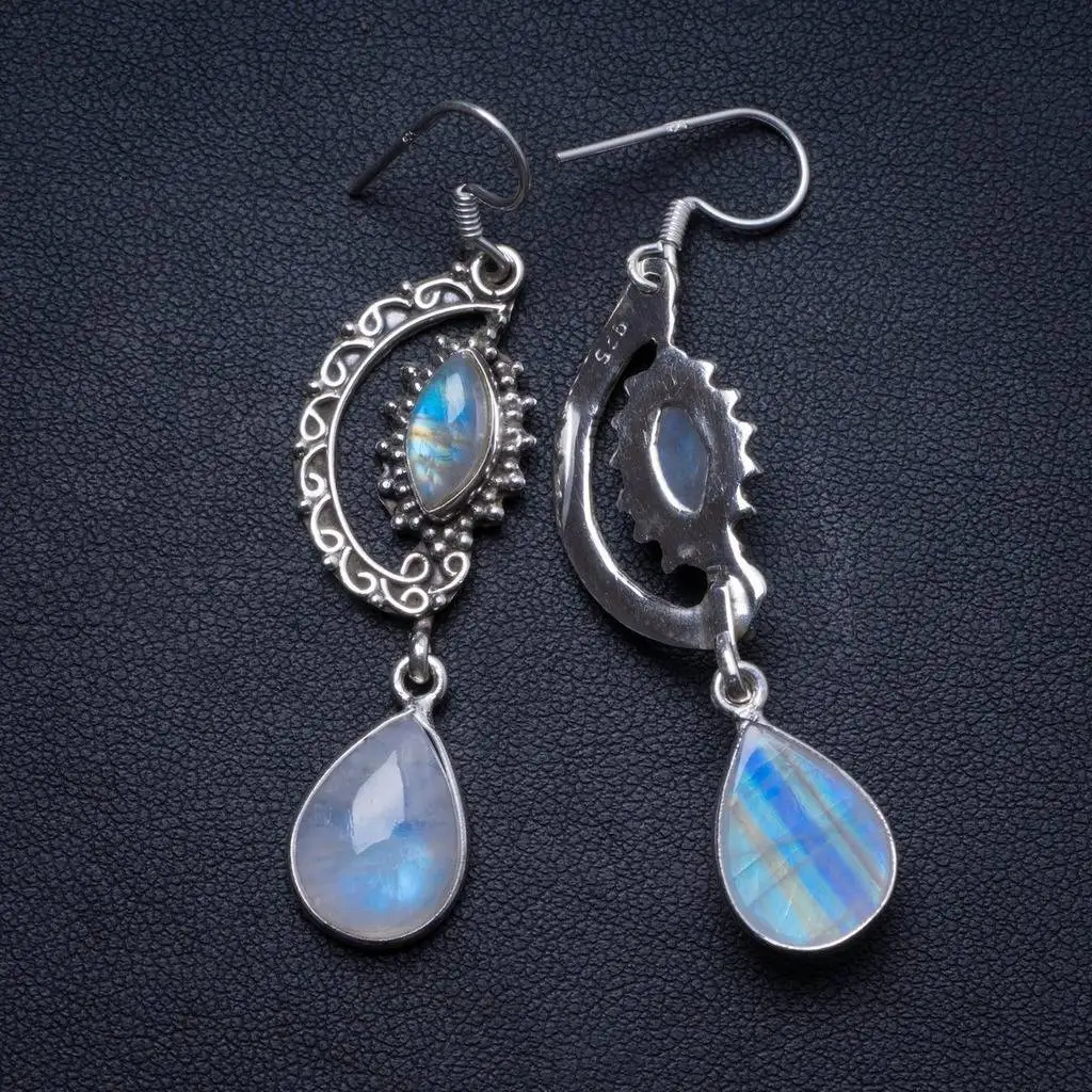 

Natural Rainbow Moonstone Handmade Unique 925 Sterling Silver Earrings 2.25" X3865