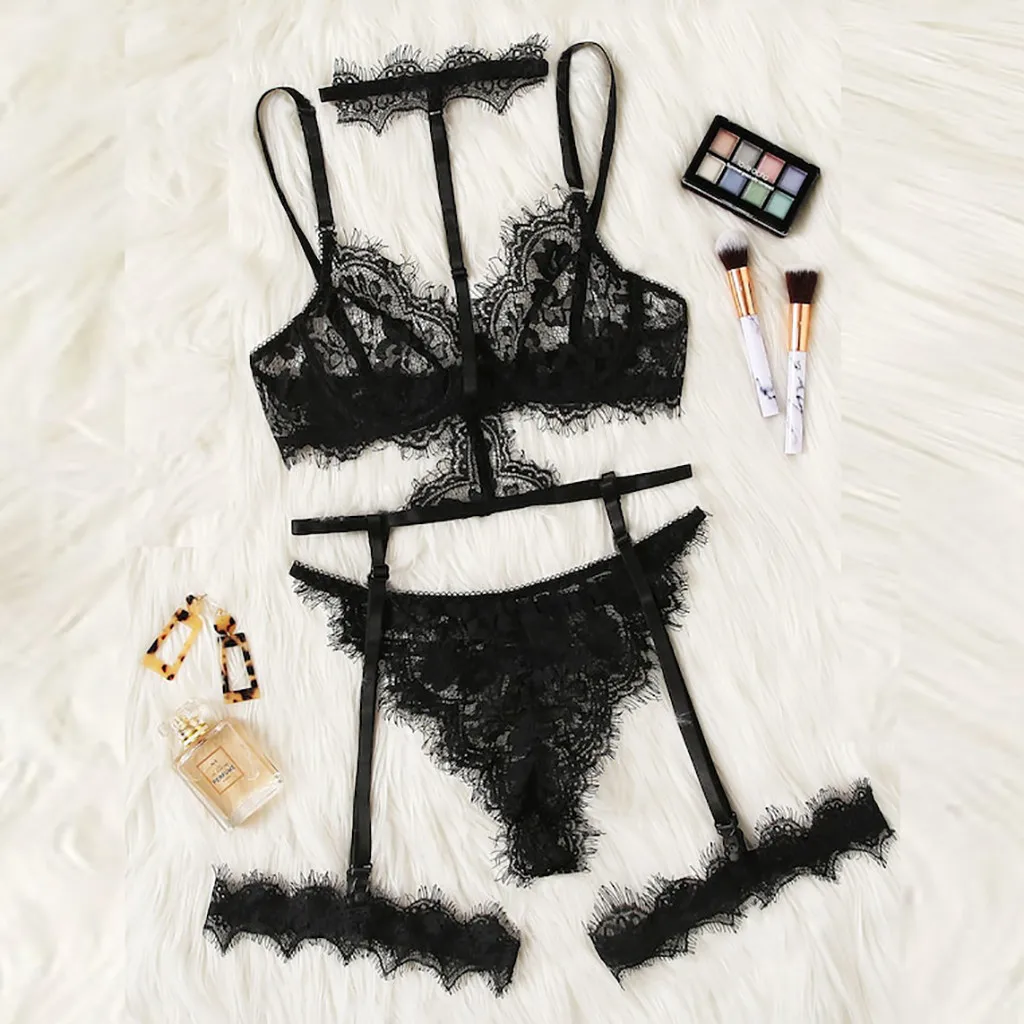 

G-string New Sexy Exquisite Lace Lingerie Bra+Garter+Briefs Set Babydoll Cut-Out Sleepwear Erotic cosplay costume lenceria mujer