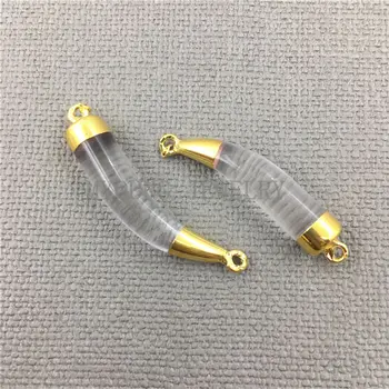 

MY0216 Clear Crystal Quartz Horn Sideways Double Bail Pendant with Pure Gold Color Cap and Bail,Natural Stone Connector