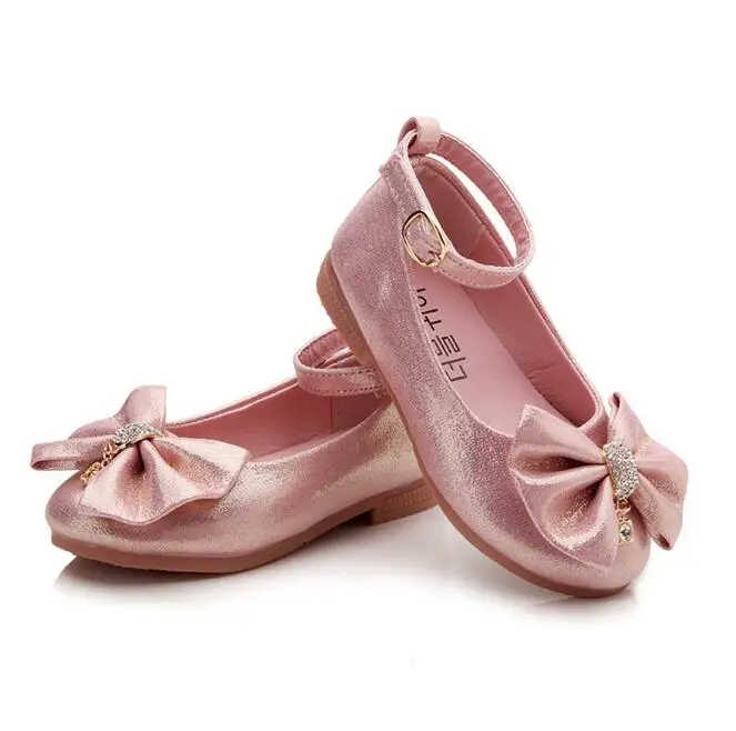 Children Princess Shoes Pink /Gold/Silvers Band Soft Sole PU Leather Fashion Bowknot Rhinestone Flower Girls Dress Shoes