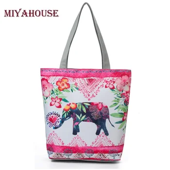 

Miyahouse Floral And Elephant Printed Beach Bags For Women Shoulder Bags Canvas Handbags Ladies Colorful Single Shopping Bag