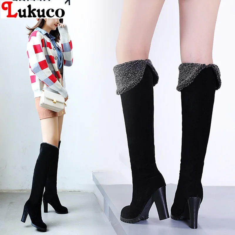 

Lukuco Winter Flock Boots Knee High Botas High Heel Large Size 42 43 44 45 46 47 48 High Quality Handmade Warm Plush Shoes Woman